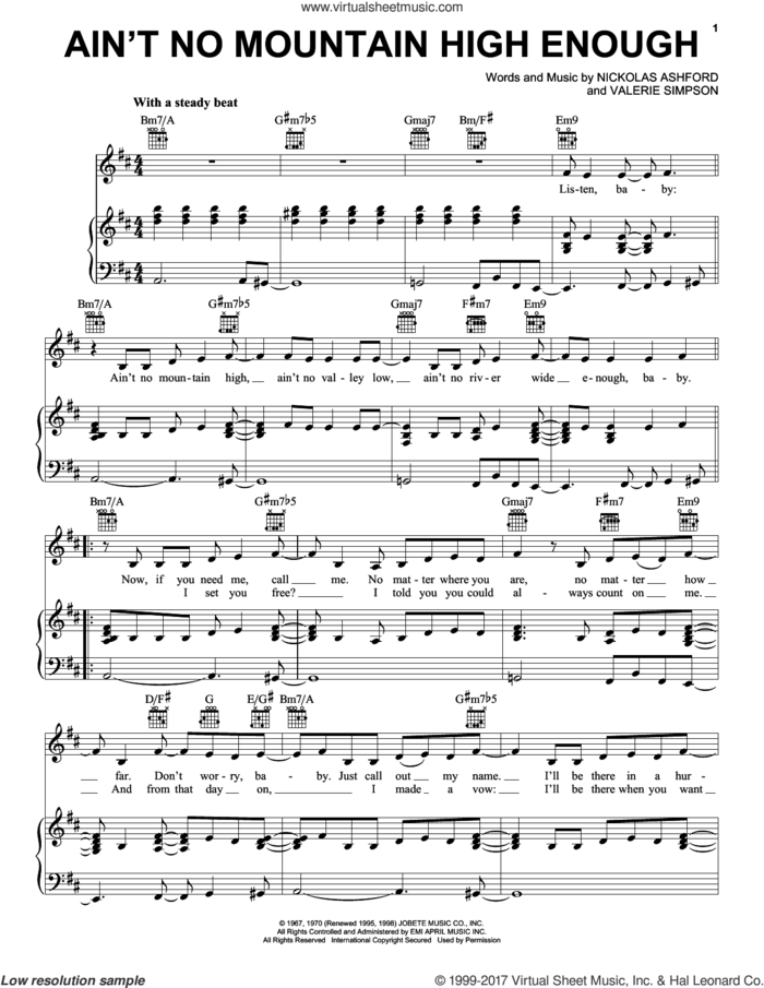 Ain't No Mountain High Enough sheet music for voice, piano or guitar by Nickolas Ashford, Diana Ross, Marvin Gaye & Tammi Terrell, Michael McDonald and Valerie Simpson, intermediate skill level