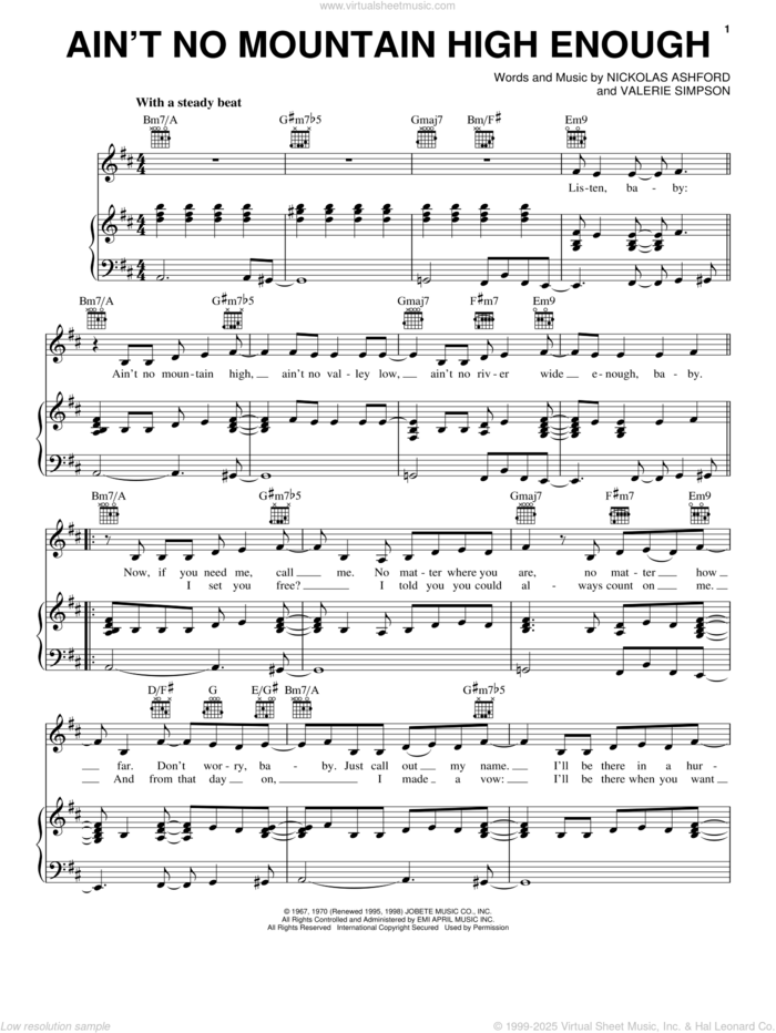 Ain't No Mountain High Enough sheet music for voice, piano or guitar by Nickolas Ashford, Diana Ross, Marvin Gaye & Tammi Terrell, Michael McDonald and Valerie Simpson, intermediate skill level