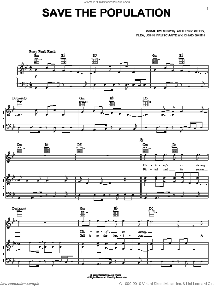 Save The Population sheet music for voice, piano or guitar by Red Hot Chili Peppers, Anthony Kiedis, Chad Smith, Flea and John Frusciante, intermediate skill level