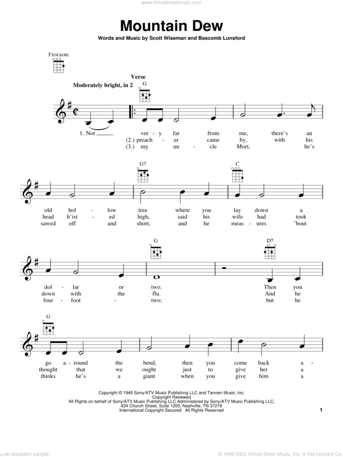 Mountain Dew sheet music for ukulele by Scott Wiseman and Bascomb Lunsford, intermediate skill level