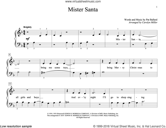 Mister Santa sheet music for piano solo (elementary) by John Thompson, Carolyn Miller and Pat Ballard, beginner piano (elementary)