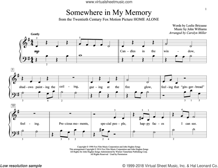 Somewhere In My Memory (arr. Carolyn Miller) sheet music for piano solo (elementary) by John Williams, Carolyn Miller, John Thompson and Leslie Bricusse, beginner piano (elementary)