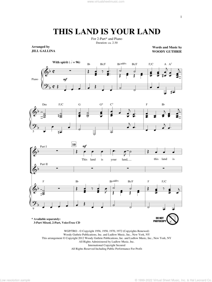 This Land Is Your Land (arr. Jill Gallina) sheet music for choir (2-Part) by Woody Guthrie and Jill Gallina, intermediate duet