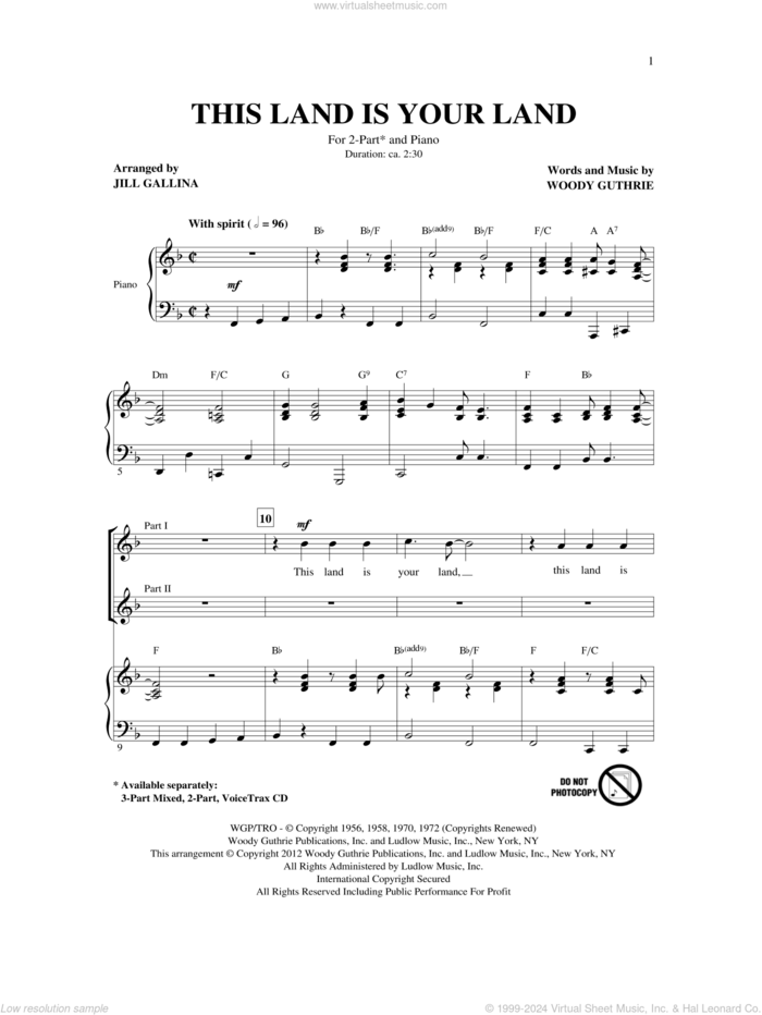 This Land Is Your Land (arr. Jill Gallina) sheet music for choir (2-Part) by Woody Guthrie and Jill Gallina, intermediate duet