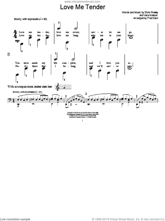Love Me Tender sheet music for piano solo (elementary) by Fred Kern, Elvis Presley and Vera Matson, wedding score, beginner piano (elementary)