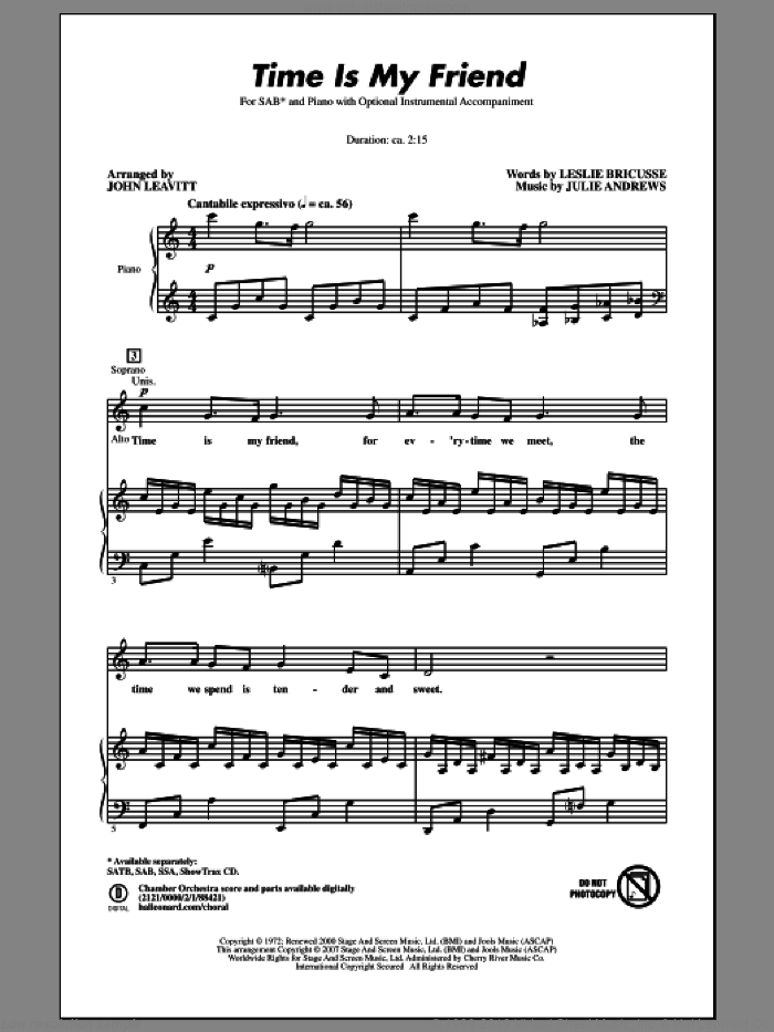 Time Is My Friend sheet music for choir (SAB: soprano, alto, bass) by John Leavitt, intermediate skill level