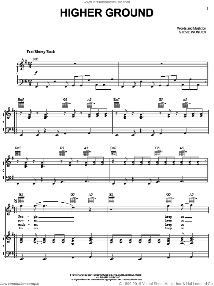 Higher Ground sheet music for voice, piano or guitar by Red Hot Chili Peppers and Stevie Wonder, intermediate skill level