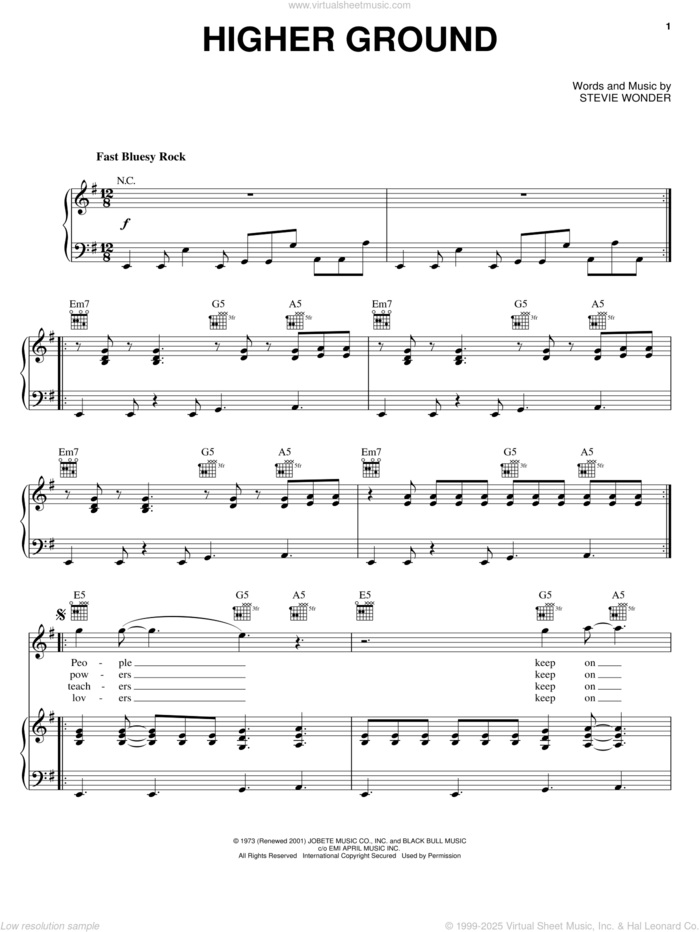 Higher Ground sheet music for voice, piano or guitar by Red Hot Chili Peppers and Stevie Wonder, intermediate skill level