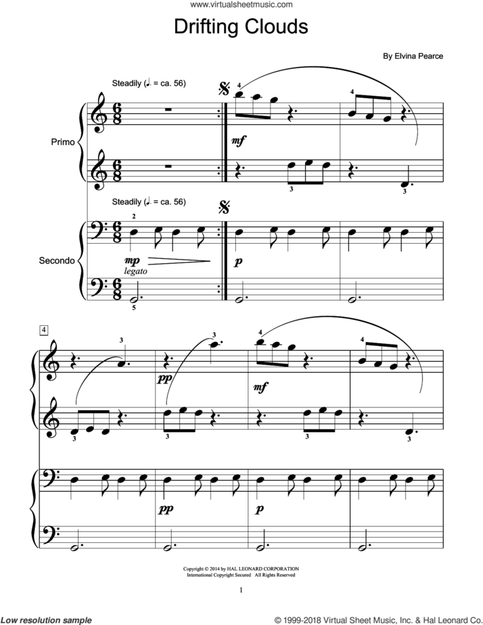 Drifting Clouds sheet music for piano four hands by Elvina Pearce, intermediate skill level
