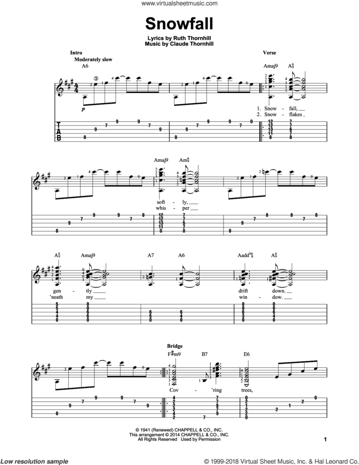 Snowfall sheet music for guitar solo (easy tablature) by Tony Bennett, Claude Thornhill and Ruth Thornhill, easy guitar (easy tablature)
