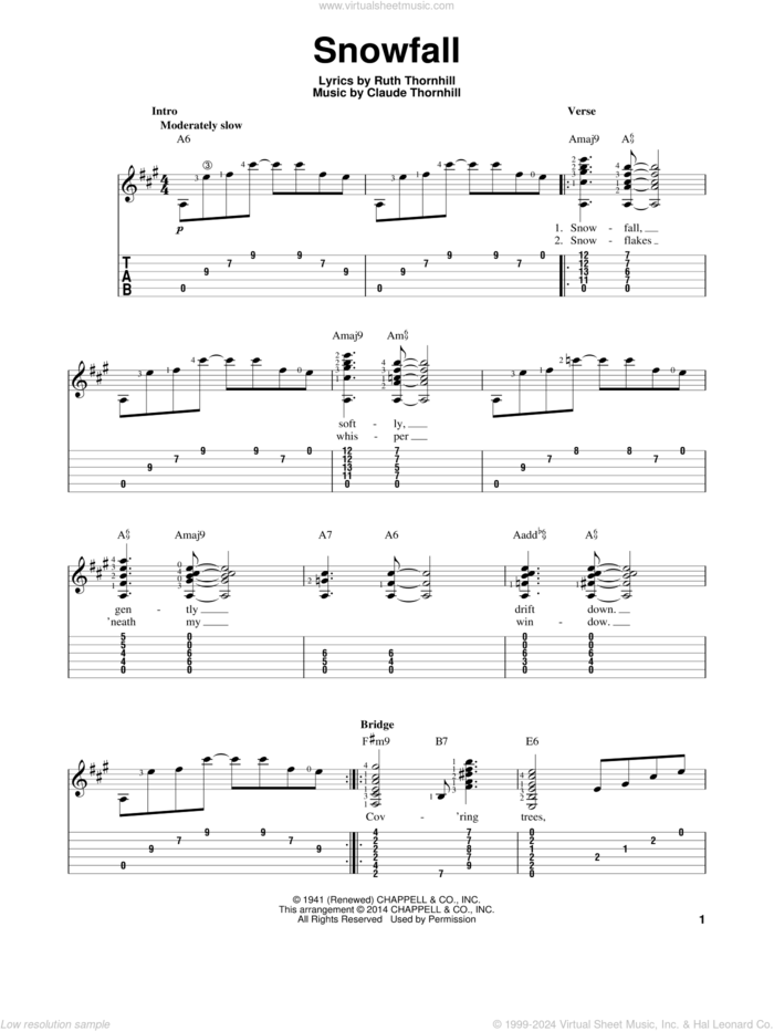 Snowfall sheet music for guitar solo (easy tablature) by Tony Bennett, Claude Thornhill and Ruth Thornhill, easy guitar (easy tablature)