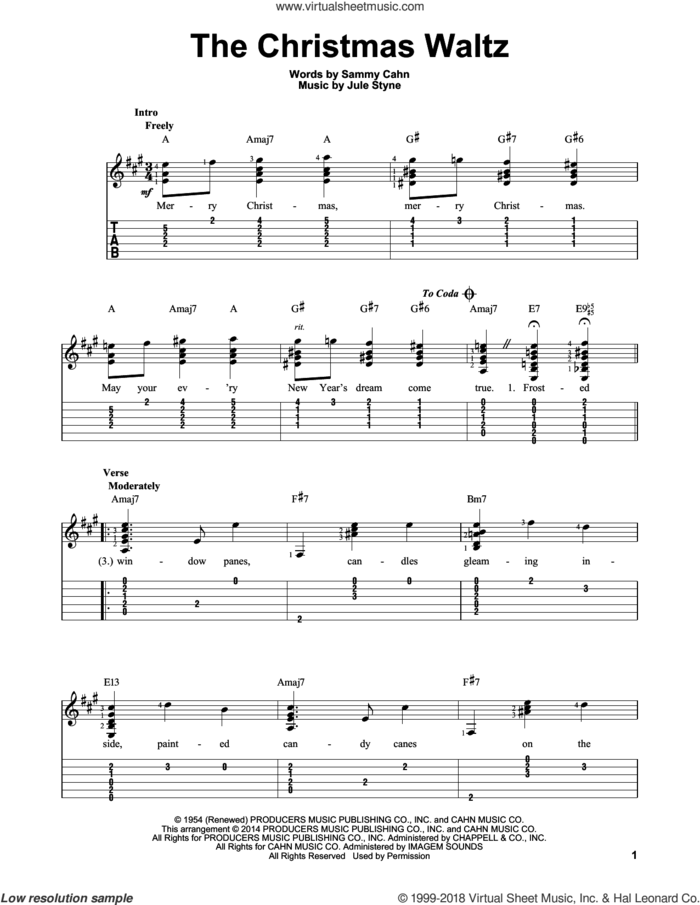 The Christmas Waltz sheet music for guitar solo (easy tablature) by Sammy Cahn and Jule Styne, easy guitar (easy tablature)