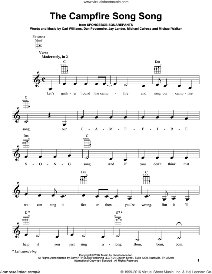 The Campfire Song Song sheet music for ukulele by Spongebob Squarepants, Carl Williams, Dan Povenmire, Jay Lender, Michael Culross and Michael Walker, intermediate skill level