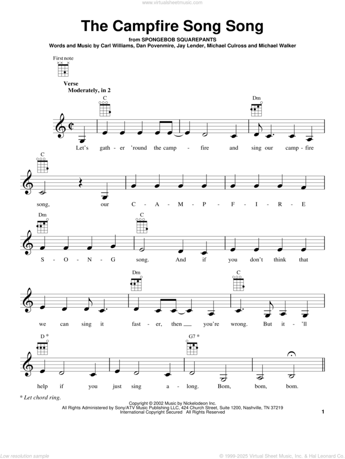 The Campfire Song Song sheet music for ukulele by Spongebob Squarepants, Carl Williams, Dan Povenmire, Jay Lender, Michael Culross and Michael Walker, intermediate skill level