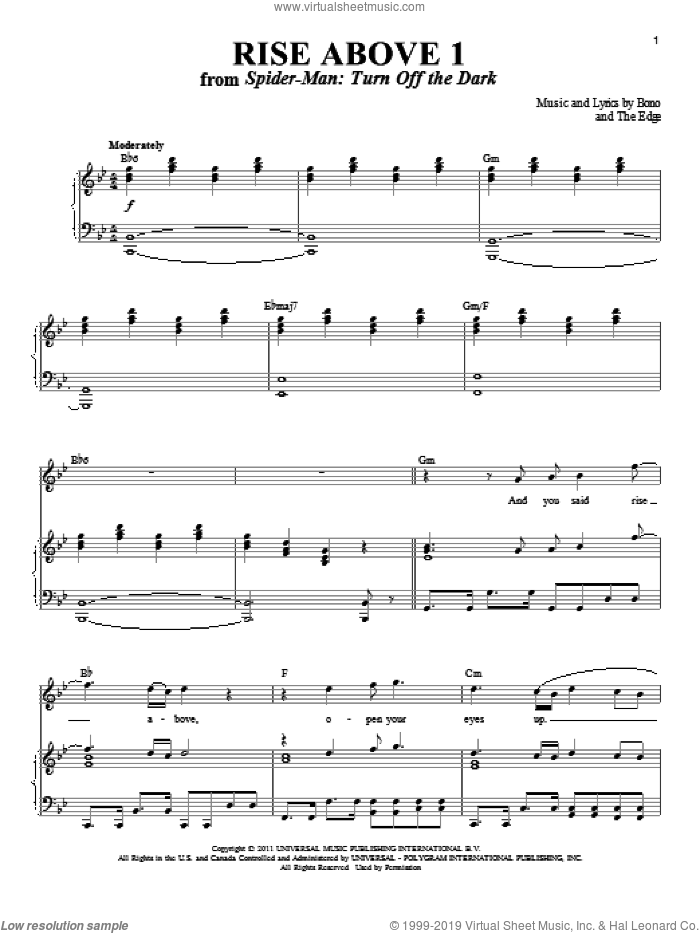 Rise Above 1 sheet music for voice and piano by Reeve Carney, Bono and The Edge, intermediate skill level