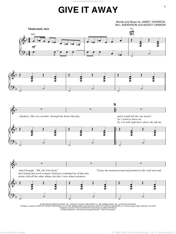 Give It Away sheet music for voice, piano or guitar by George Strait, Bill Anderson, Buddy Cannon and Jamey Johnson, intermediate skill level