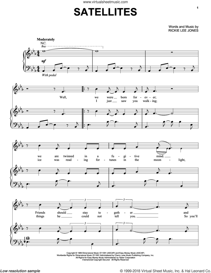 Satellites sheet music for voice, piano or guitar by Rickie Lee Jones, intermediate skill level
