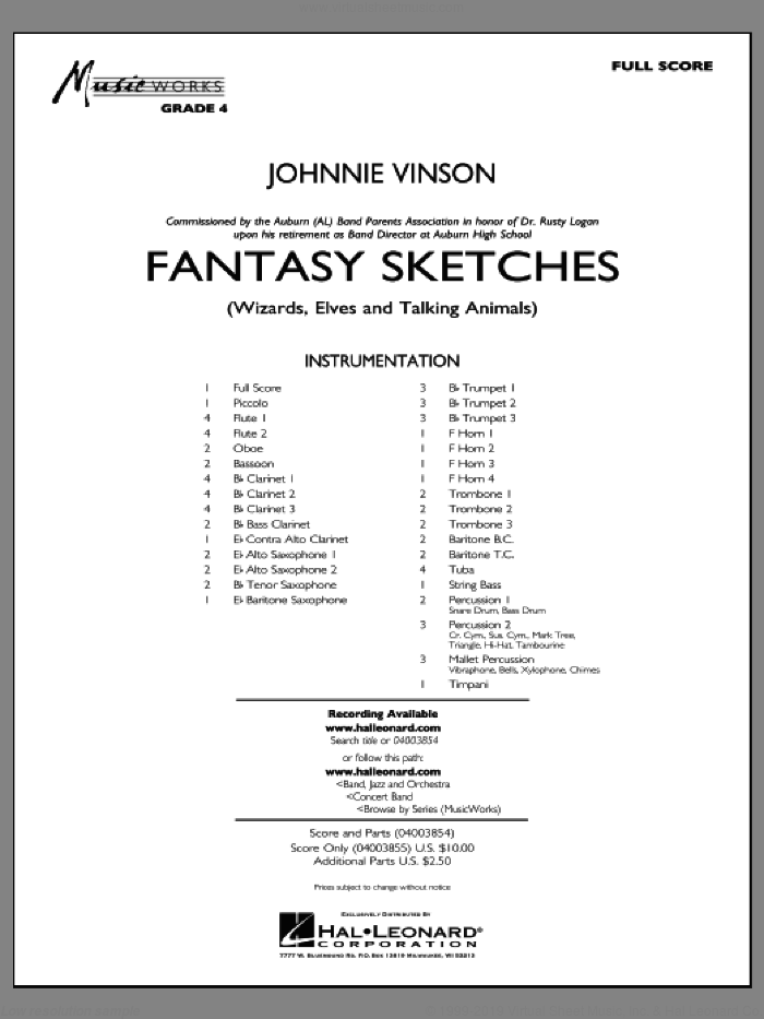 Fantasy Sketches (COMPLETE) sheet music for concert band by Johnnie Vinson, intermediate skill level