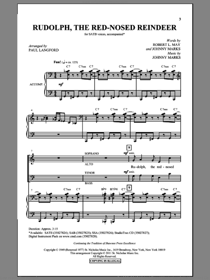Rudolph The Red-Nosed Reindeer sheet music for choir (SATB: soprano, alto, tenor, bass) by Johnny Marks and Paul Langford, intermediate skill level