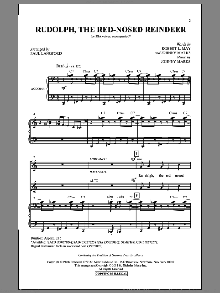 Rudolph The Red-Nosed Reindeer sheet music for choir (SSA: soprano, alto) by Johnny Marks and Paul Langford, intermediate skill level