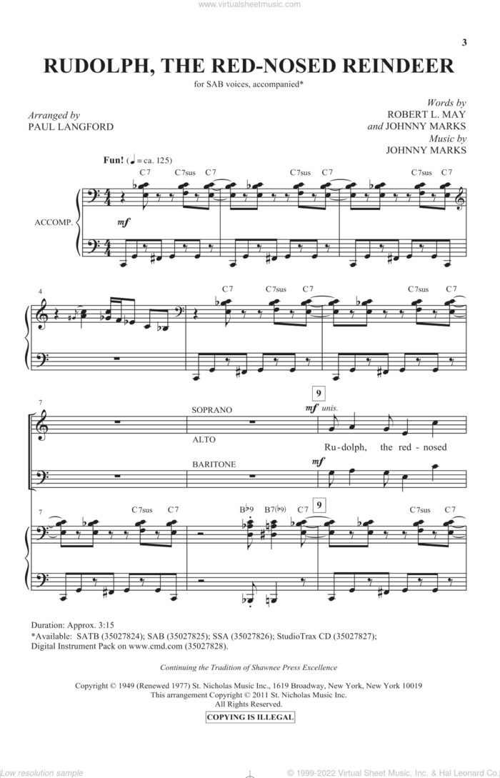 Rudolph The Red-Nosed Reindeer sheet music for choir (SAB: soprano, alto, bass) by Johnny Marks and Paul Langford, intermediate skill level