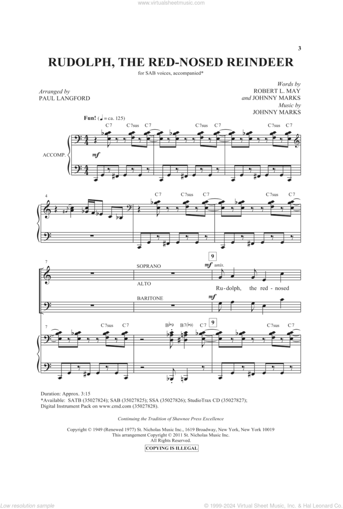 Rudolph The Red-Nosed Reindeer sheet music for choir (SAB: soprano, alto, bass) by Johnny Marks and Paul Langford, intermediate skill level