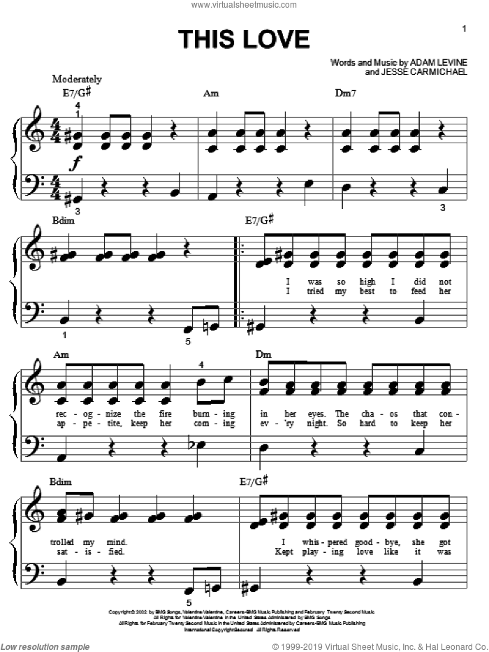 This Love sheet music for piano solo (big note book) by Maroon 5, Adam Levine and Jesse Carmichael, easy piano (big note book)