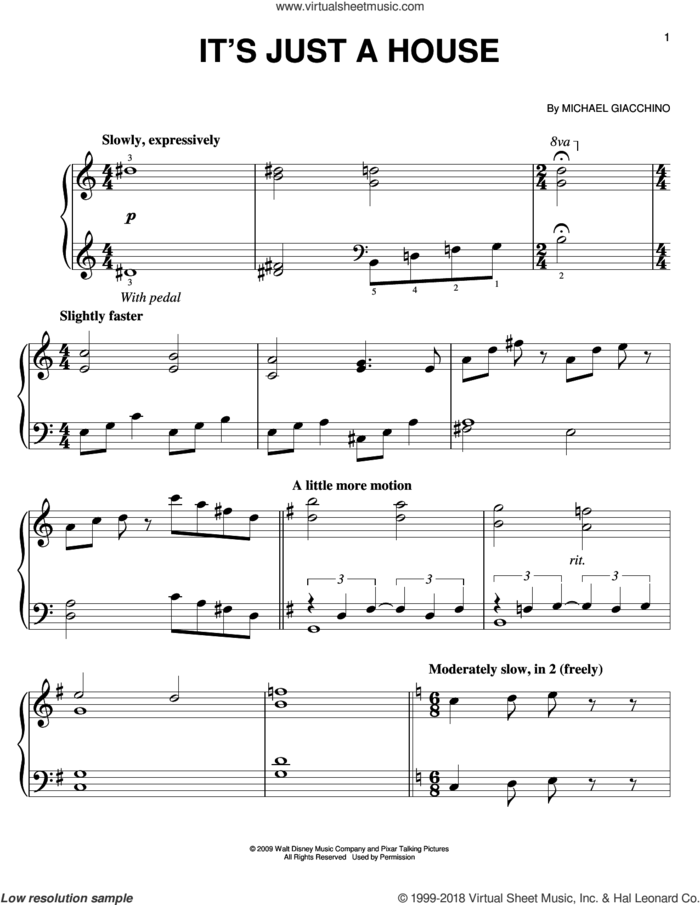 It's Just A House sheet music for piano solo by Michael Giacchino, easy skill level