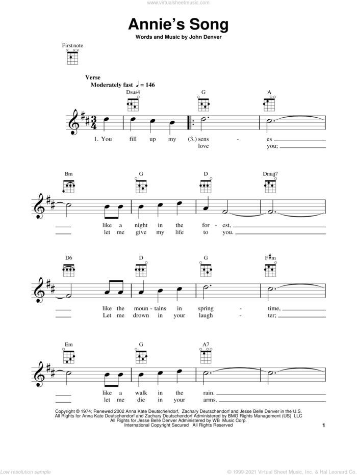 Annie's Song sheet music for ukulele by John Denver, intermediate skill level