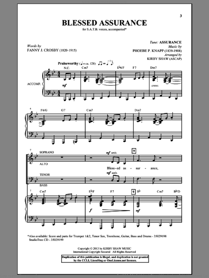 Blessed Assurance sheet music for choir (SATB: soprano, alto, tenor, bass) by Fanny J. Crosby, Kirby Shaw and Phoebe Palmer Knapp, intermediate skill level