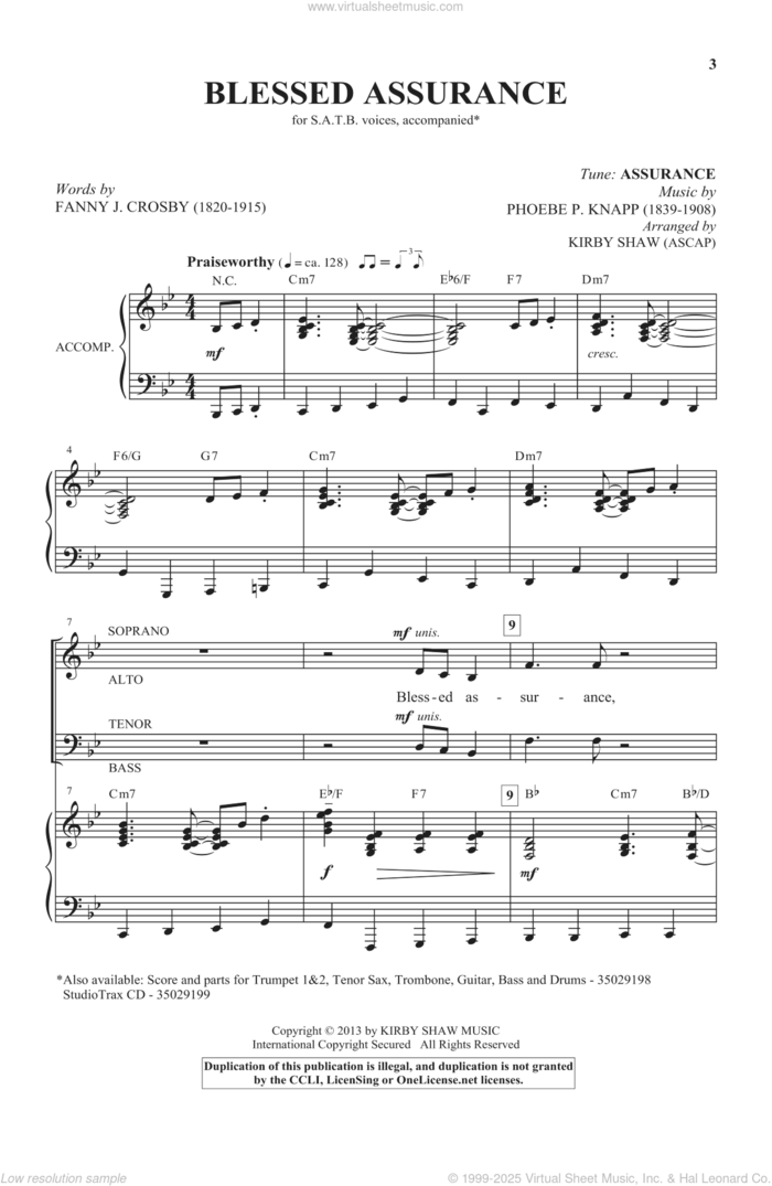 Blessed Assurance sheet music for choir (SATB: soprano, alto, tenor, bass) by Fanny J. Crosby, Kirby Shaw and Phoebe Palmer Knapp, intermediate skill level
