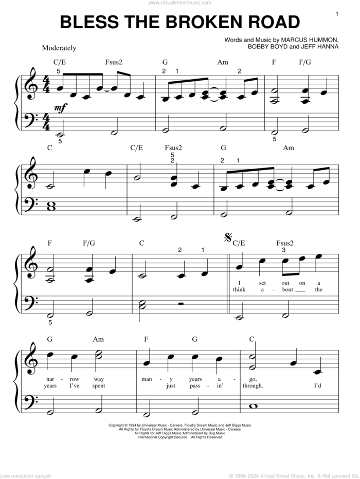 Bless The Broken Road sheet music for piano solo (big note book) by Rascal Flatts, Hannah Montana (Movie), Bobby Boyd, Jeffrey Hanna and Marcus Hummon, wedding score, easy piano (big note book)