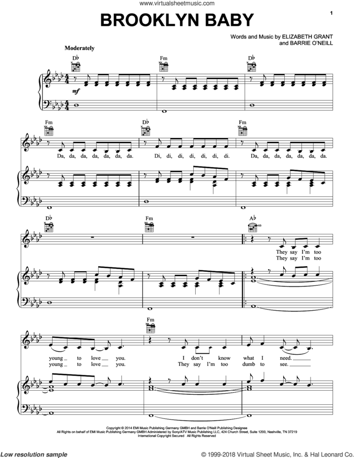 Brooklyn Baby sheet music for voice, piano or guitar by Lana Del Rey and Elizabeth Grant, intermediate skill level