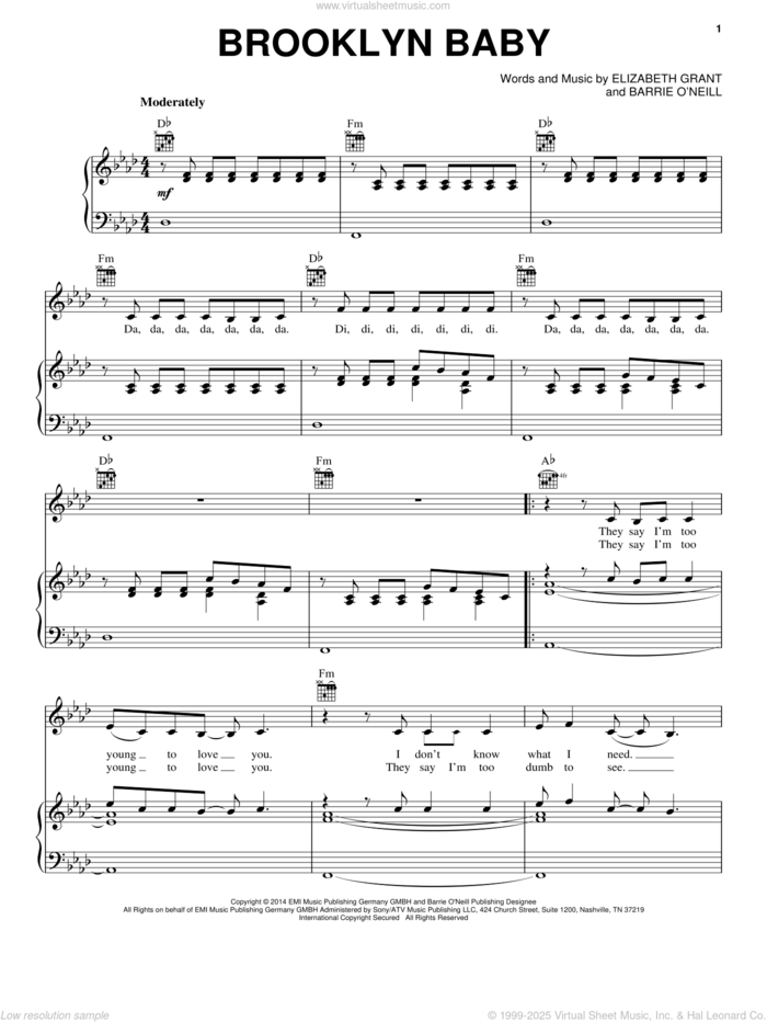 Brooklyn Baby sheet music for voice, piano or guitar by Lana Del Rey and Elizabeth Grant, intermediate skill level