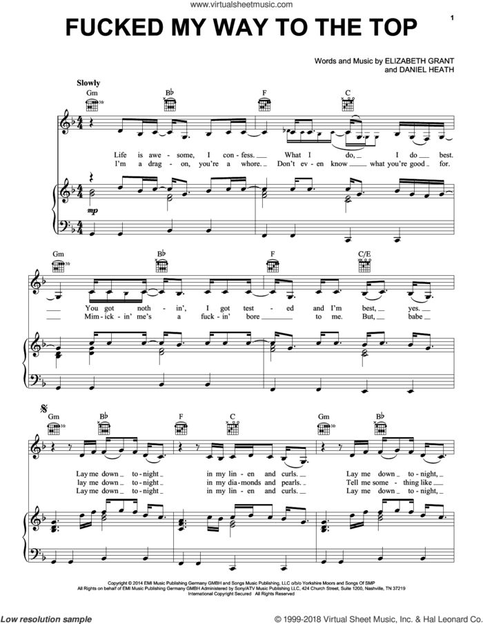 Fucked My Way Up To The Top sheet music for voice, piano or guitar by Lana Del Rey, Daniel Heath and Elizabeth Grant, intermediate skill level
