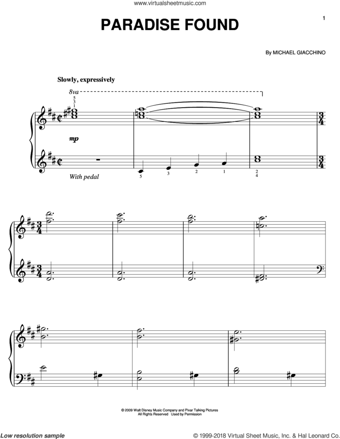 Paradise Found sheet music for piano solo by Michael Giacchino, easy skill level
