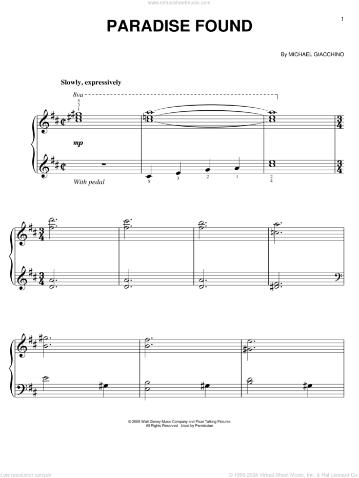 Paradise Found sheet music for piano solo by Michael Giacchino, easy skill level