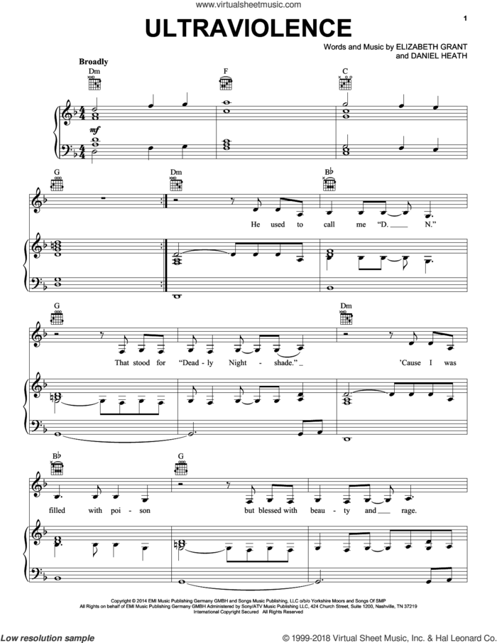 Ultraviolence sheet music for voice, piano or guitar by Lana Del Rey, Daniel Heath and Elizabeth Grant, intermediate skill level