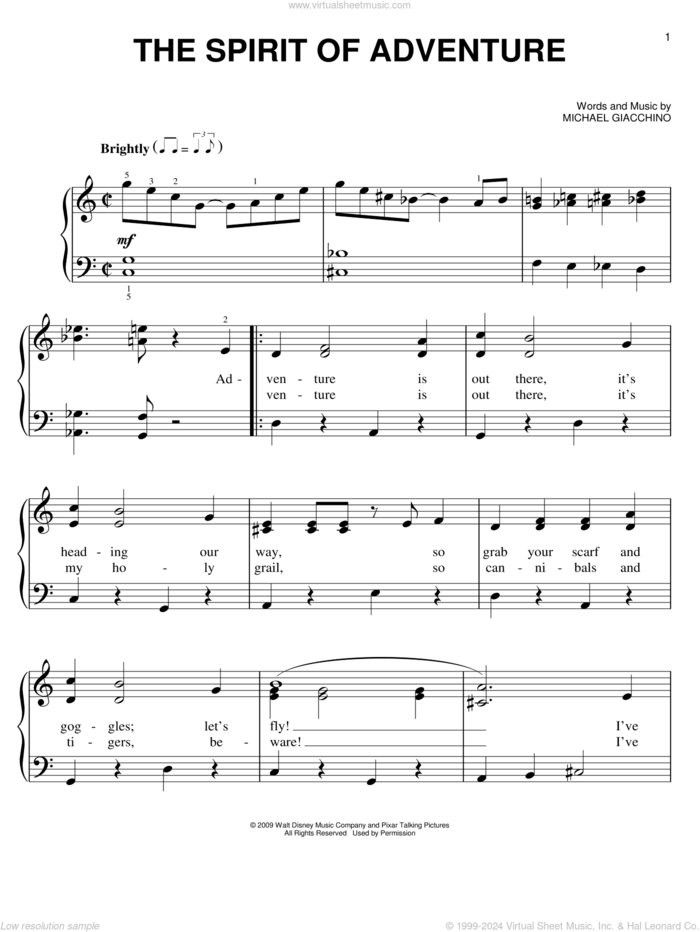 The Spirit Of Adventure sheet music for piano solo by Michael Giacchino, easy skill level