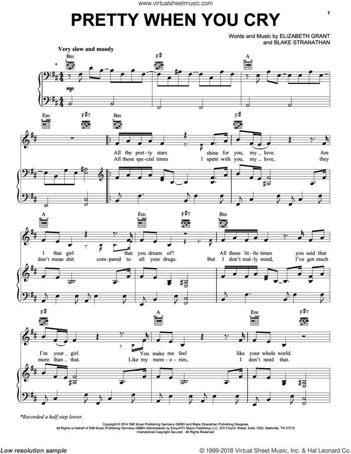 Pretty When You Cry sheet music for voice, piano or guitar by Lana Del Rey, Blake Stranathan and Elizabeth Grant, intermediate skill level