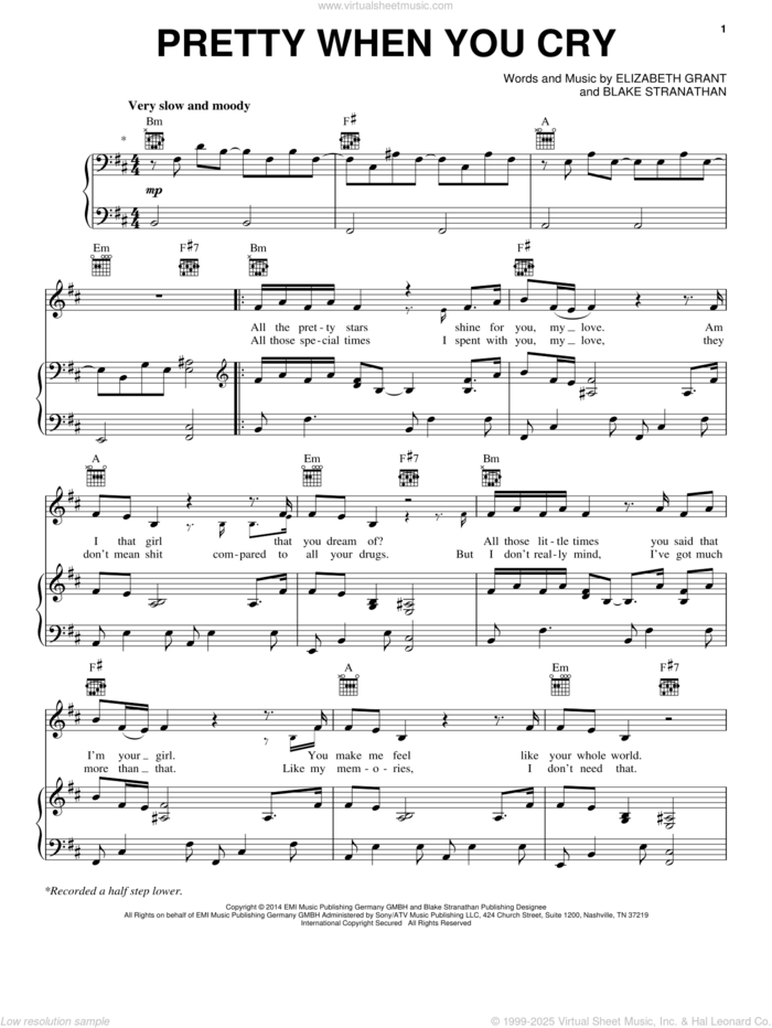 Pretty When You Cry sheet music for voice, piano or guitar by Lana Del Rey, Blake Stranathan and Elizabeth Grant, intermediate skill level