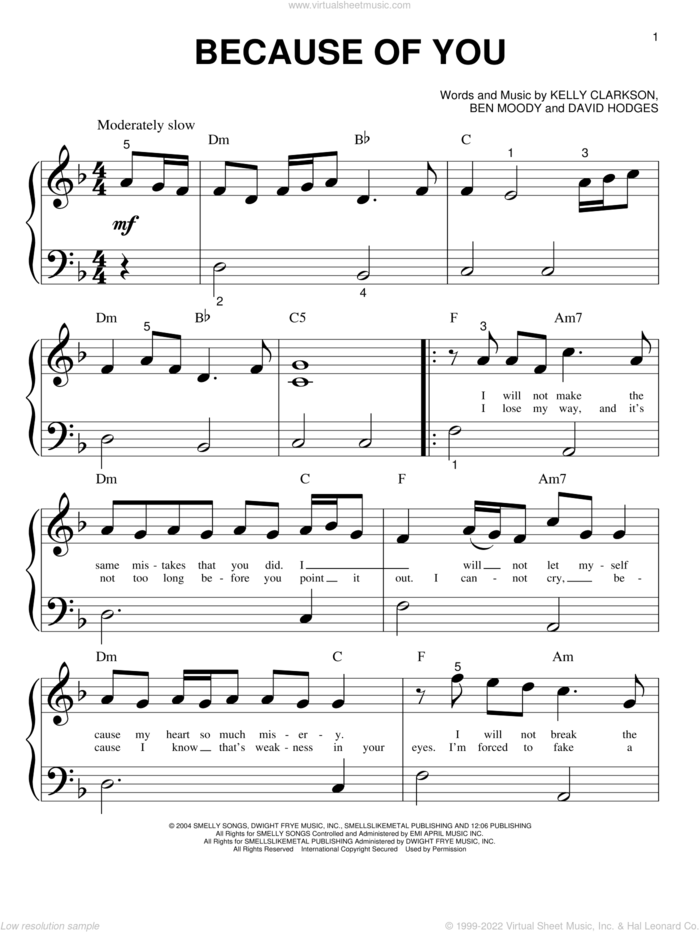 Because Of You sheet music for piano solo (big note book) by Kelly Clarkson, Ben Moody and David Hodges, easy piano (big note book)