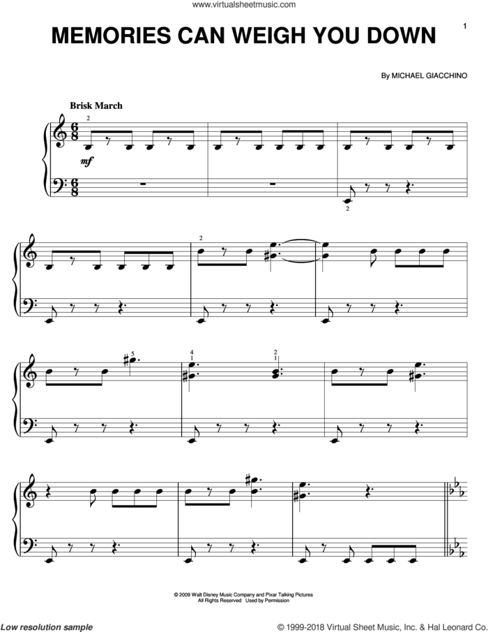 Memories Can Weigh You Down sheet music for piano solo by Michael Giacchino, easy skill level