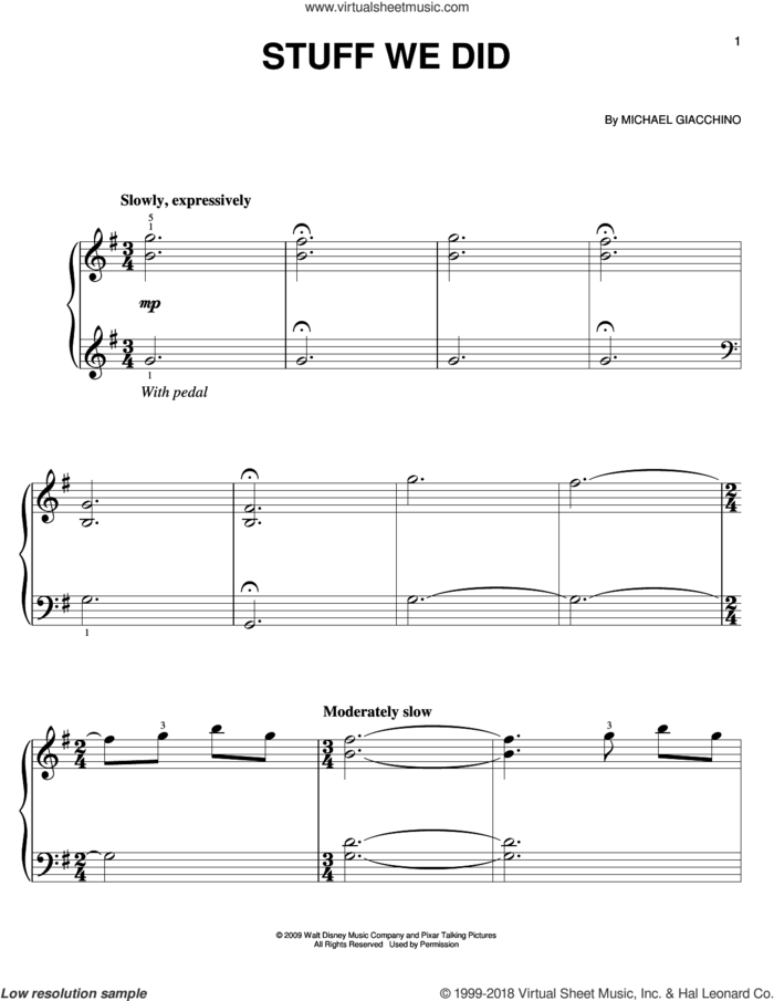 Stuff We Did sheet music for piano solo by Michael Giacchino, easy skill level
