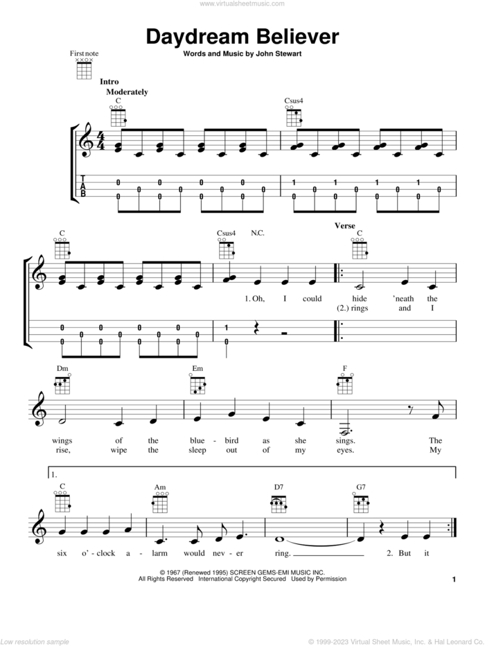 Daydream Believer sheet music for ukulele by The Monkees and John Stewart, intermediate skill level