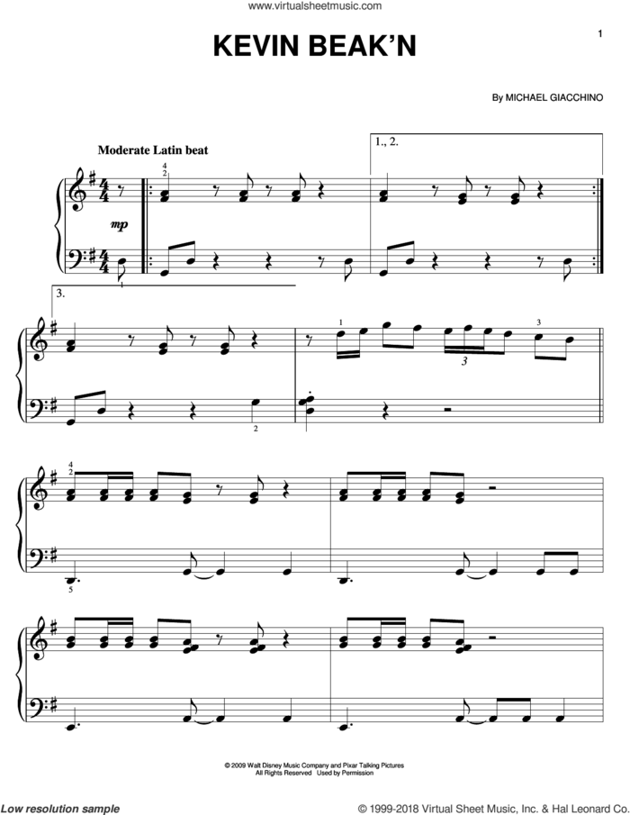Kevin Beak'n sheet music for piano solo by Michael Giacchino, easy skill level