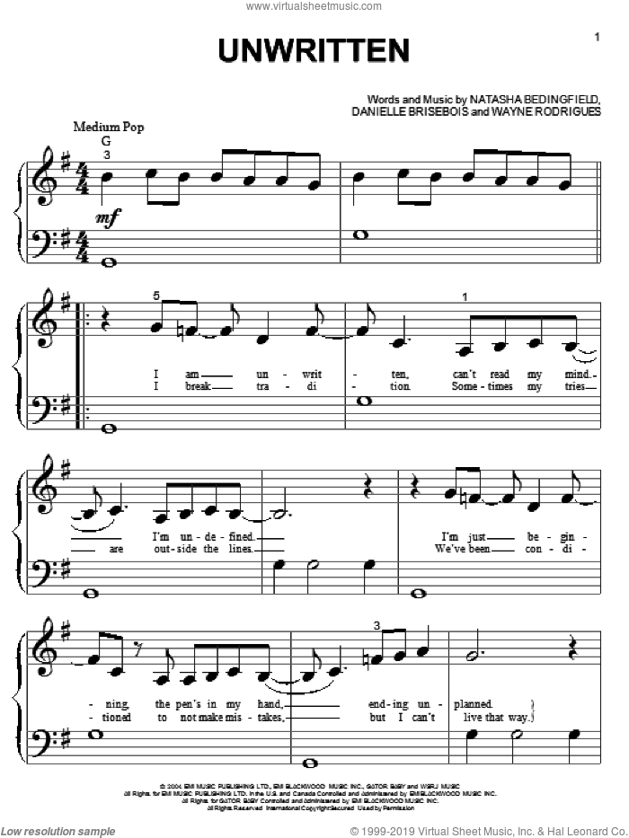 Unwritten sheet music for piano solo (big note book) by Natasha Bedingfield, Danielle Brisebois and Wayne Rodrigues, easy piano (big note book)