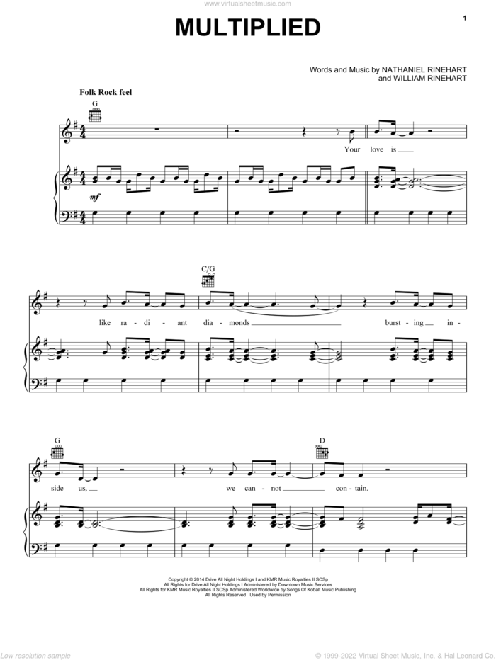 Multiplied sheet music for voice, piano or guitar by NEEDTOBREATHE, Nathaniel 'Bo' Rinehart and William 'Bear' Rinehart, intermediate skill level
