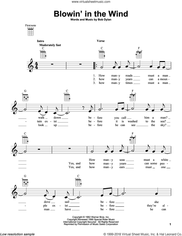 Blowin' In The Wind sheet music for ukulele by Bob Dylan, Peter, Paul & Mary and Stevie Wonder, intermediate skill level