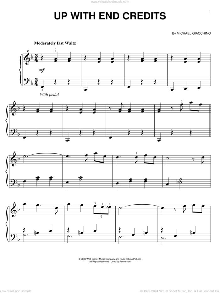 Up With End Credits sheet music for piano solo by Michael Giacchino, easy skill level